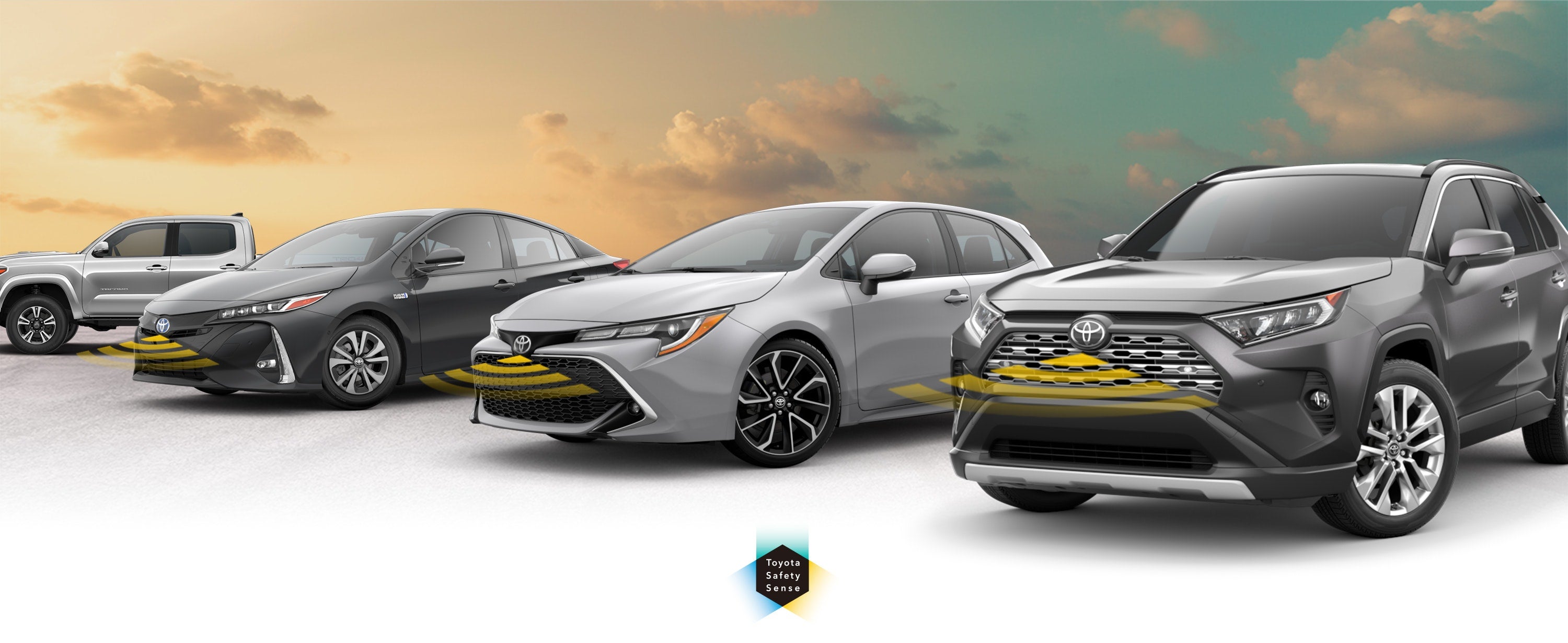 Toyota Safety Sense: Designed for Safety. Options shown on Toyota models including RAV4, Tacoma, and Camry, available now at Deacon Jones Toyota in Clinton NC.